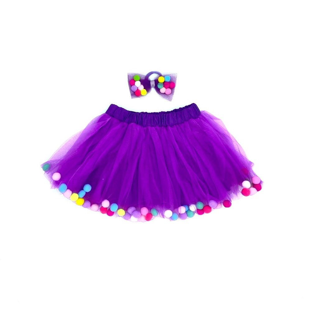 Purple Tutu | Pom Pom Tutu and Bow Hair Tie | 2Pcs Set | Tutu For Girls | Kids